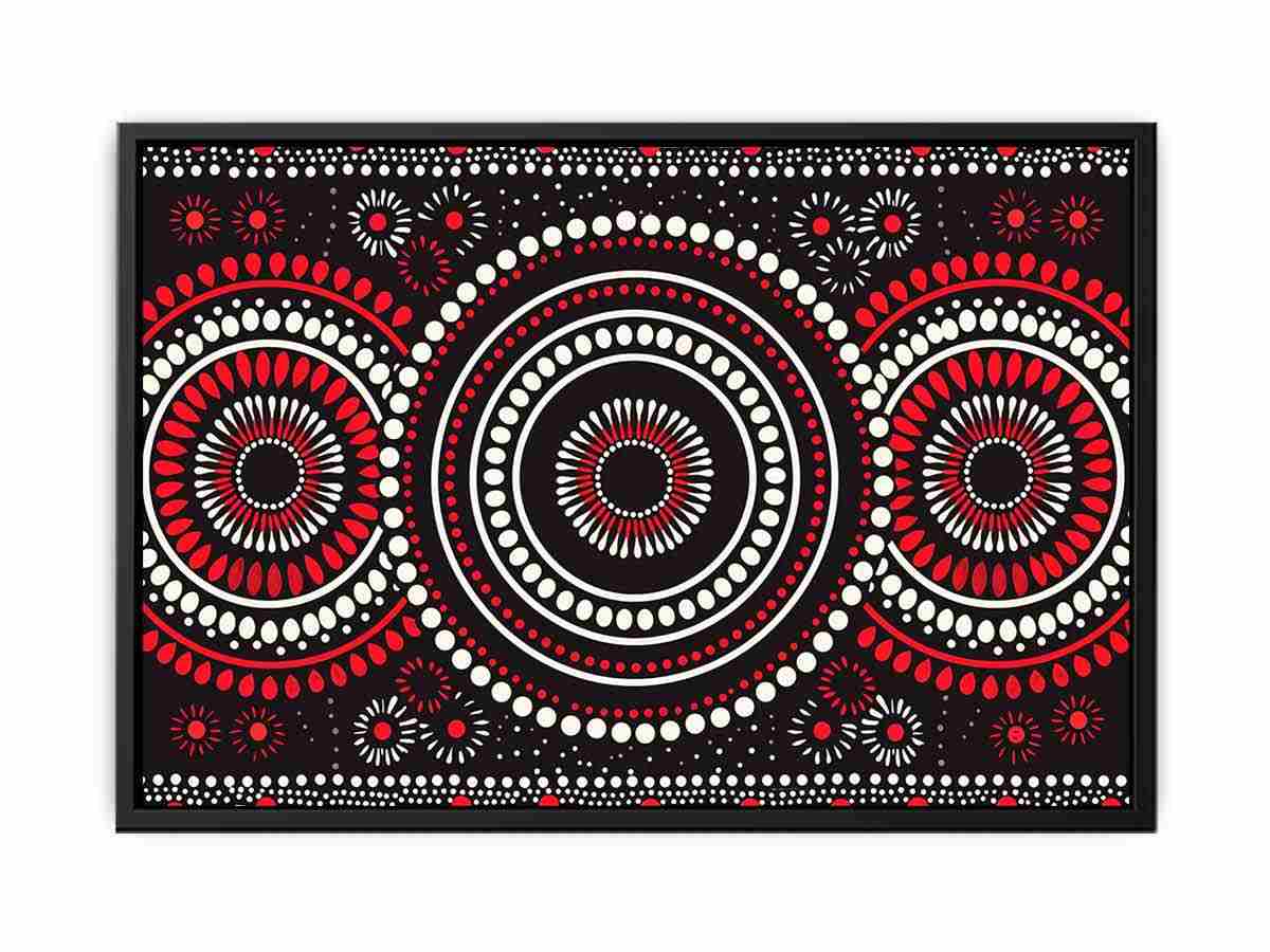 Red black and white circular dot canvas art for modern living room decor.