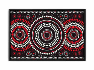 Red black and white circular dot canvas art for modern living room decor.