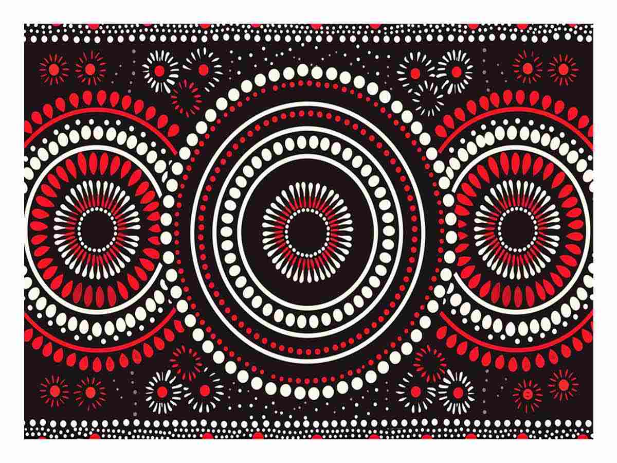 Red black and white circular dot canvas art for modern living room decor.