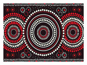 Red black and white circular dot canvas art for modern living room decor.