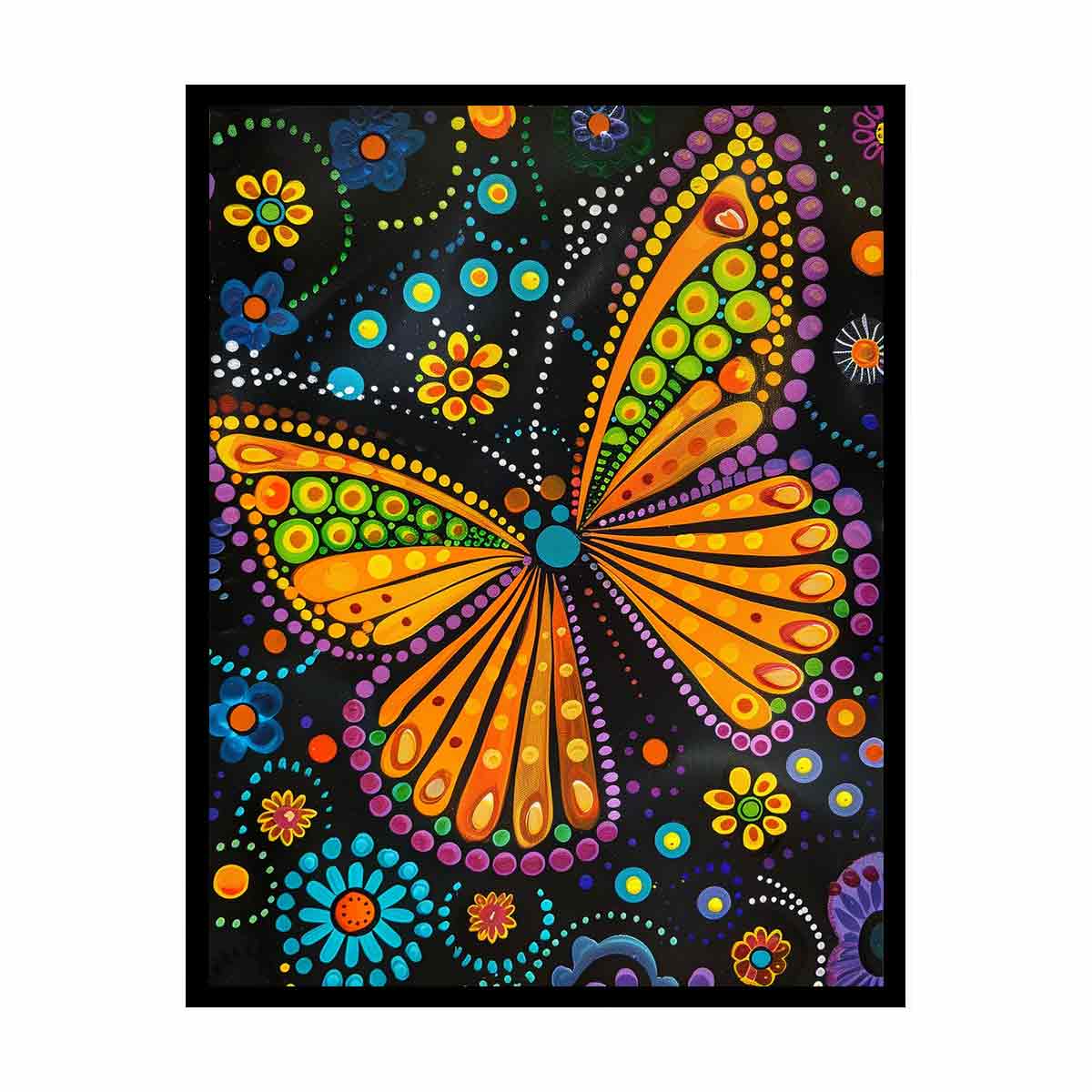 Bright butterfly and floral dotted canvas art for colorful kids room decor.