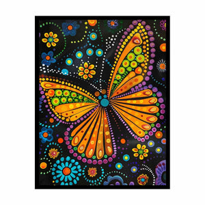Bright butterfly and floral dotted canvas art for colorful kids room decor.