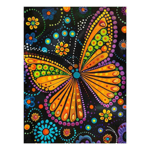 Bright butterfly and floral dotted canvas art for colorful kids room decor.