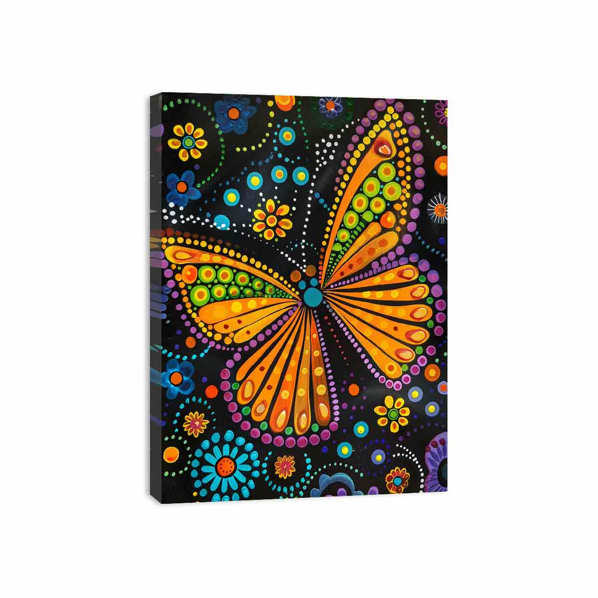 Bright butterfly and floral dotted canvas art for colorful kids room decor.