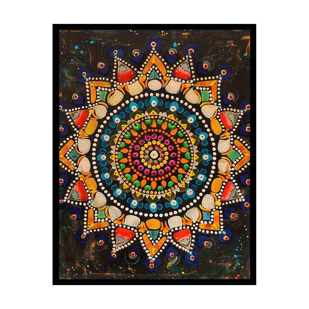 Colorful mandala dot canvas art for boho living room or meditation decor.