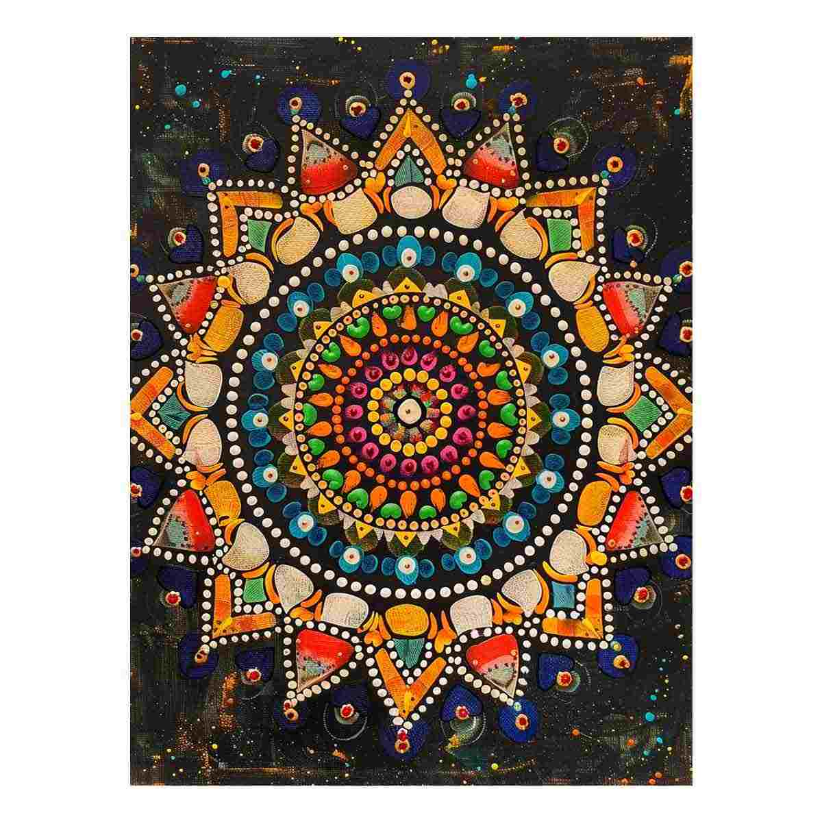 Colorful mandala dot canvas art for boho living room or meditation decor.