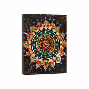 Colorful mandala dot canvas art for boho living room or meditation decor.