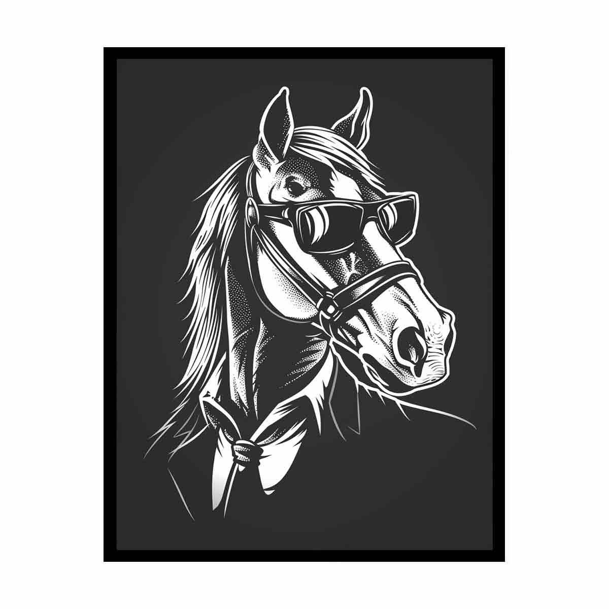 Black and white horse wearing sunglasses canvas art for playful modern decor.