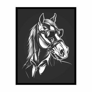 Black and white horse wearing sunglasses canvas art for playful modern decor.