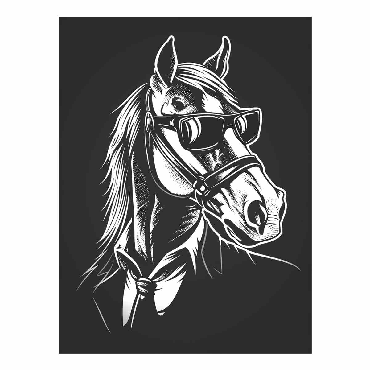 Black and white horse wearing sunglasses canvas art for playful modern decor.