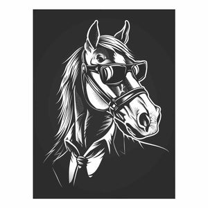 Black and white horse wearing sunglasses canvas art for playful modern decor.