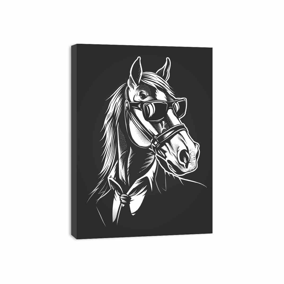Black and white horse wearing sunglasses canvas art for playful modern decor.