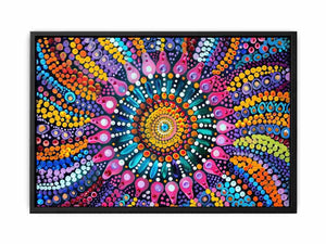 Colorful dot mandala canvas print for vibrant modern living room decor.