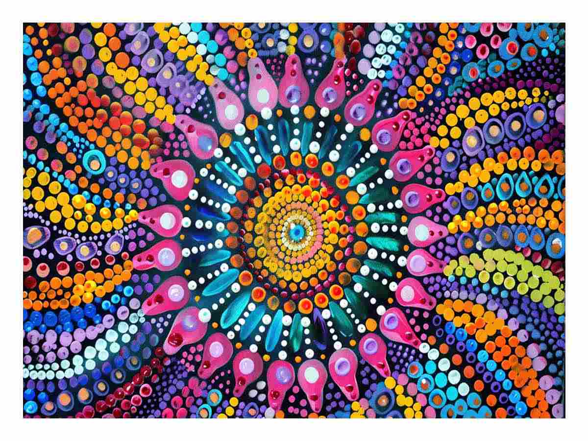 Colorful dot mandala canvas print for vibrant modern living room decor.