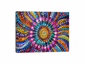 Colorful dot mandala canvas print for vibrant modern living room decor.