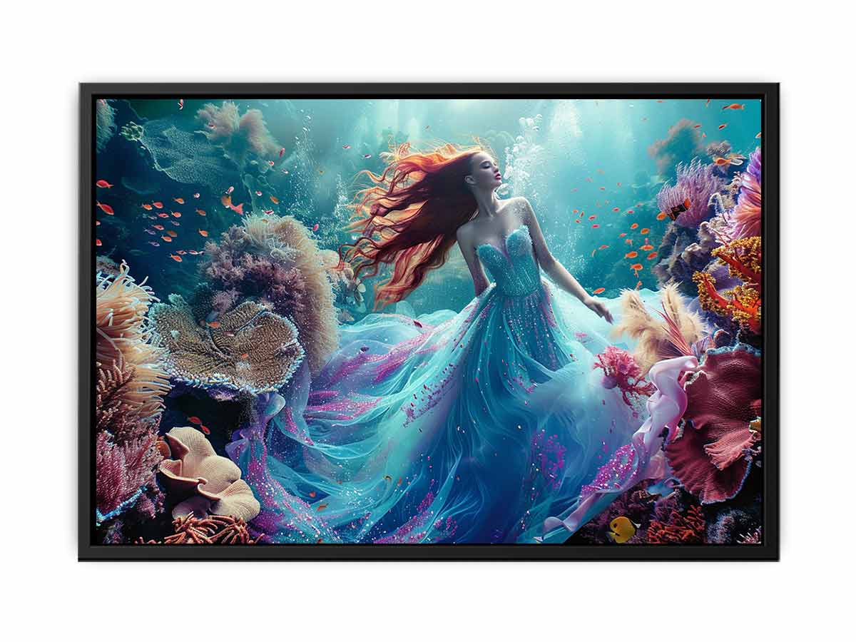 Fantasy underwater woman canvas art with coral reef for bedroom decor.