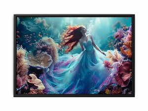 Fantasy underwater woman canvas art with coral reef for bedroom decor.