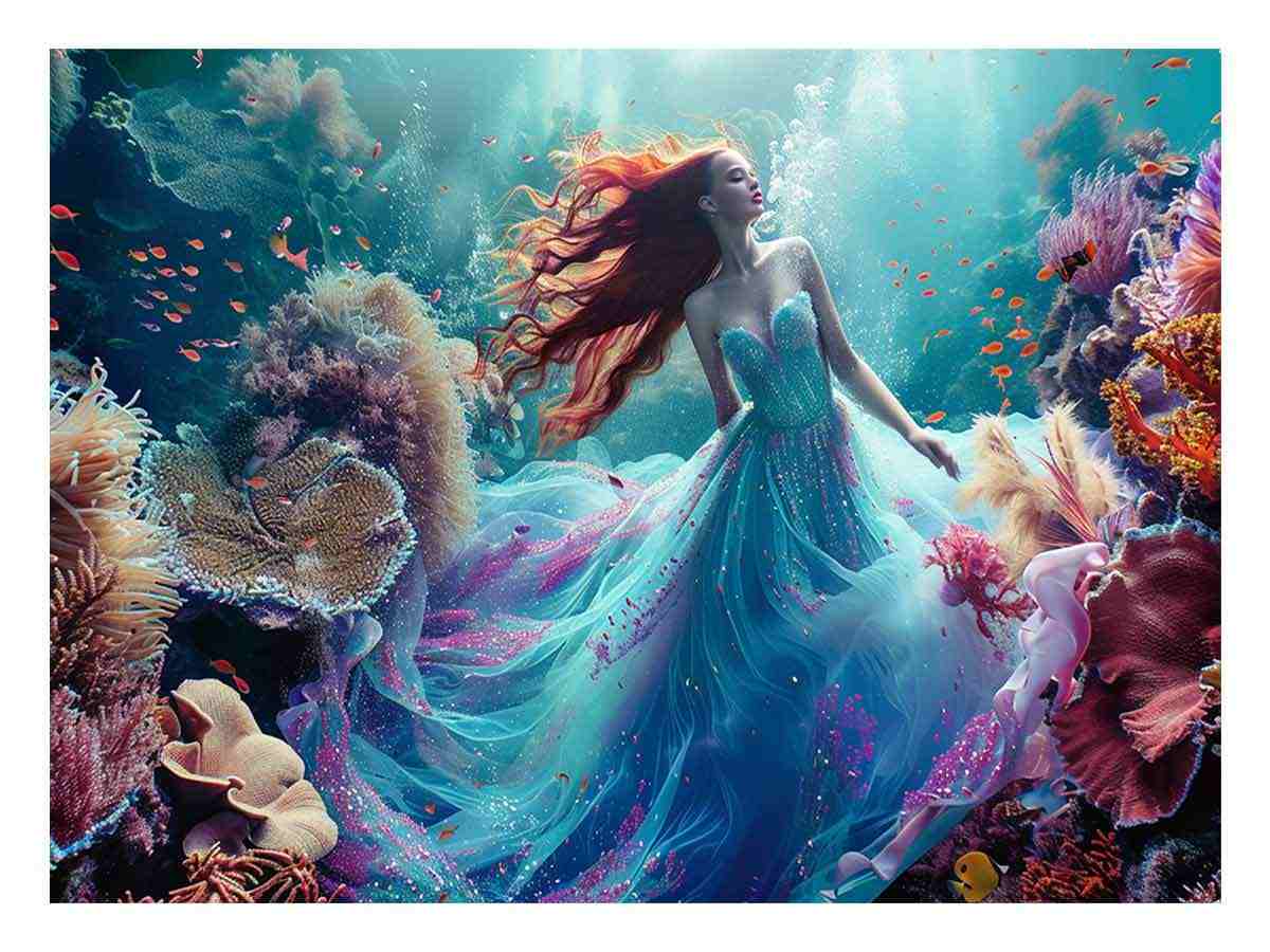 Fantasy underwater woman canvas art with coral reef for bedroom decor.