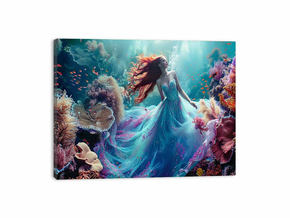 Fantasy underwater woman canvas art with coral reef for bedroom decor.