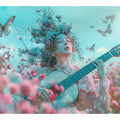Pastel fantasy woman with guitar canvas art for dreamy bedroom decor.
