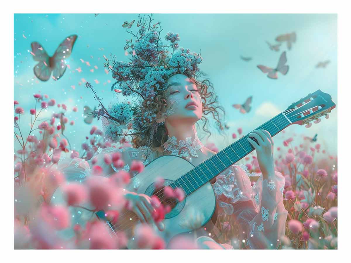Pastel fantasy woman with guitar canvas art for dreamy bedroom decor.