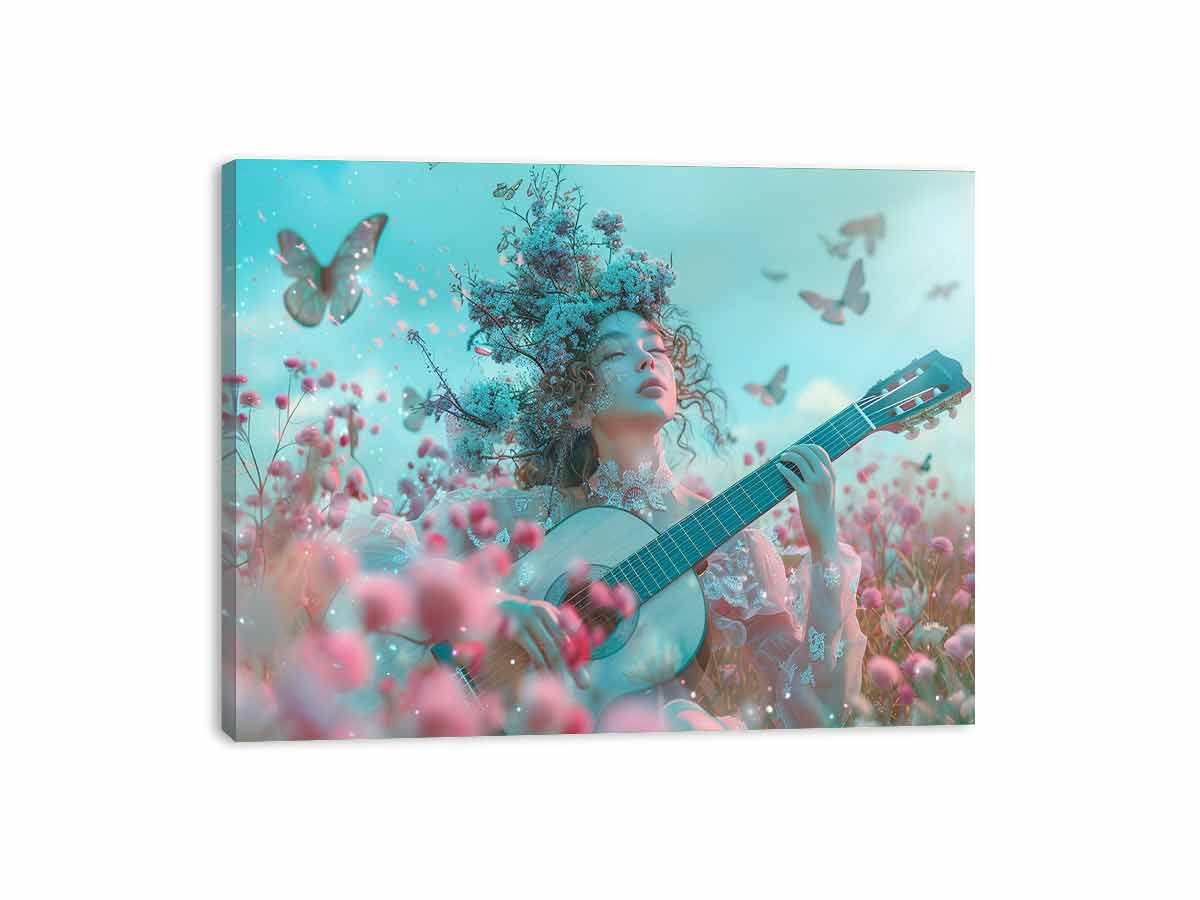 Pastel fantasy woman with guitar canvas art for dreamy bedroom decor.
