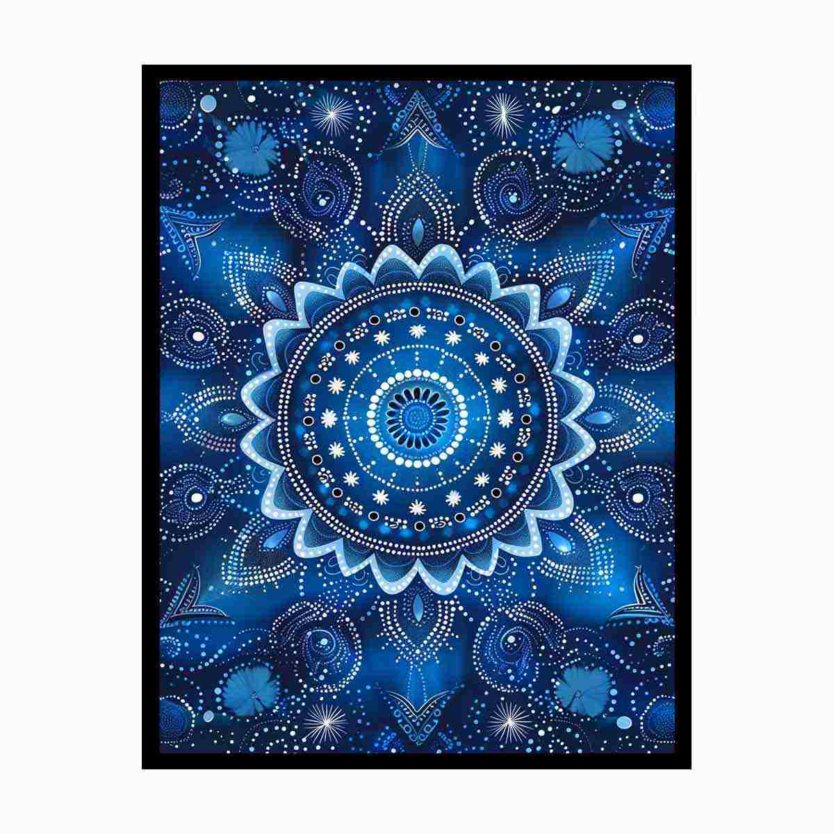 Blue mandala bloom canvas with white dot petals and paisley details for serene bedroom decor.