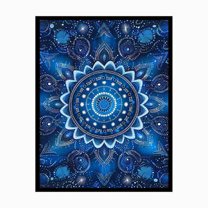 Blue mandala bloom canvas with white dot petals and paisley details for serene bedroom decor.