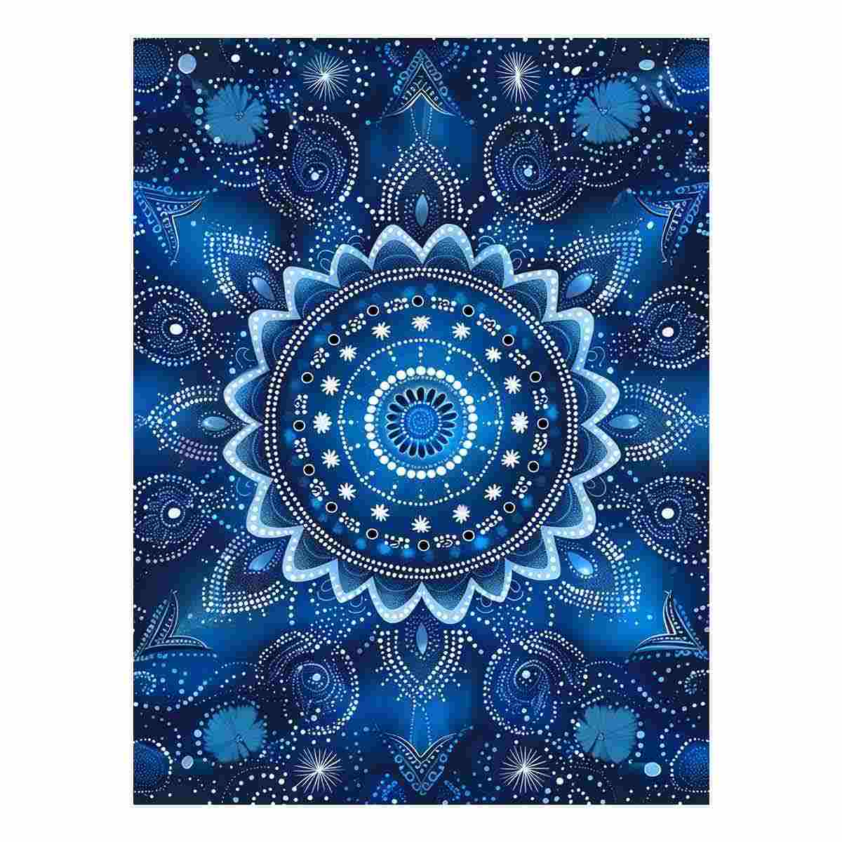 Blue mandala bloom canvas with white dot petals and paisley details for serene bedroom decor.