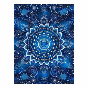 Blue mandala bloom canvas with white dot petals and paisley details for serene bedroom decor.
