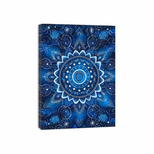 Blue mandala bloom canvas with white dot petals and paisley details for serene bedroom decor.