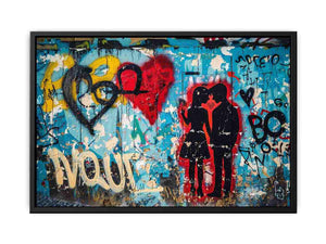 Graffiti kissing couple canvas art with blue wall and red hearts for modern bedroom decor.