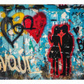 Graffiti kissing couple canvas art with blue wall and red hearts for modern bedroom decor.