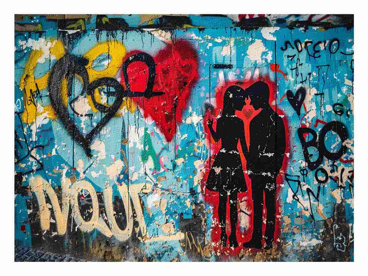 Graffiti kissing couple canvas art with blue wall and red hearts for modern bedroom decor.