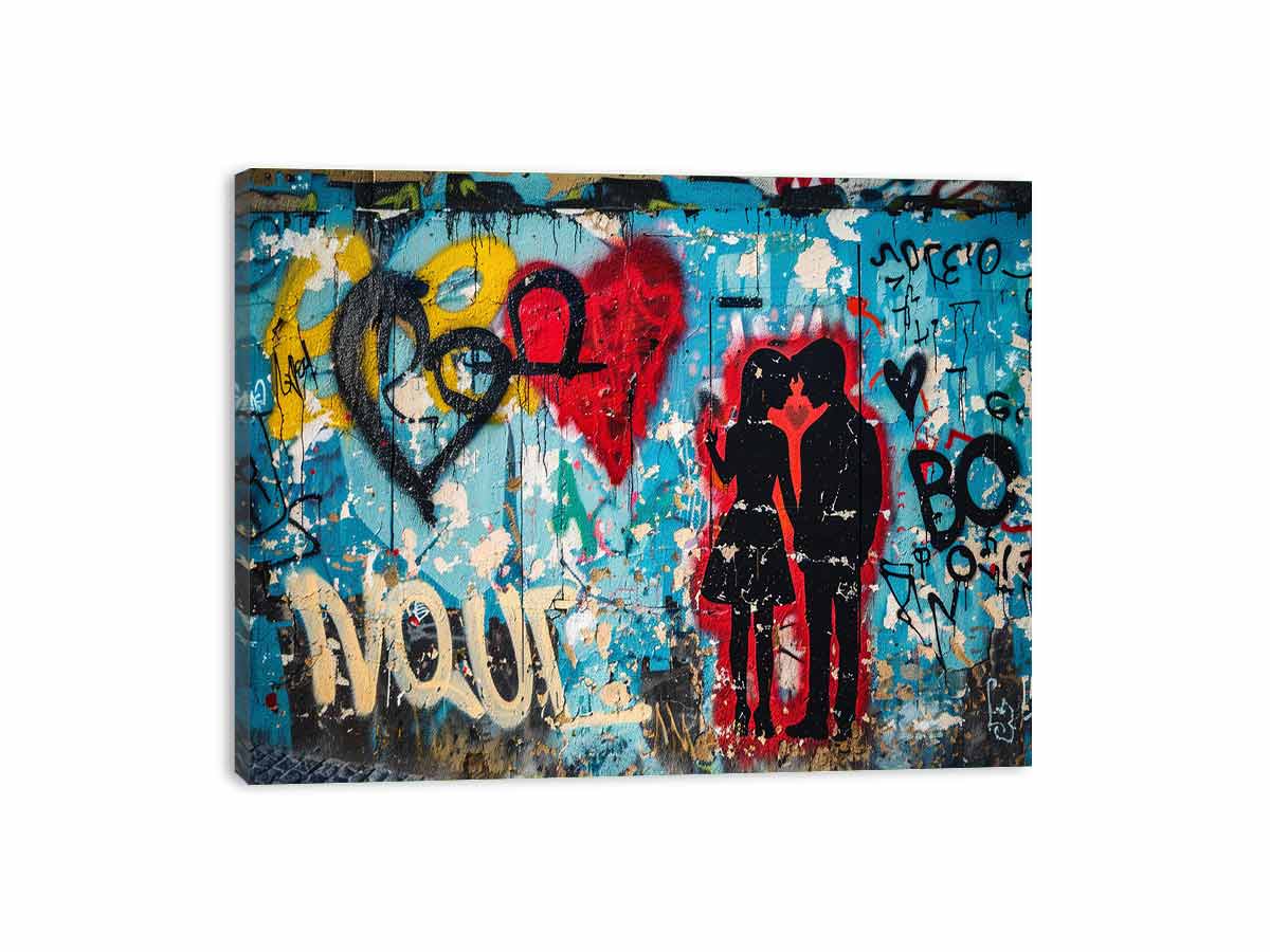 Graffiti kissing couple canvas art with blue wall and red hearts for modern bedroom decor.