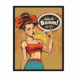 Retro comic woman with bow and speech bubble on pop art canvas for game room decor.