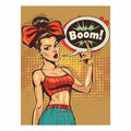 Retro comic woman with bow and speech bubble on pop art canvas for game room decor.