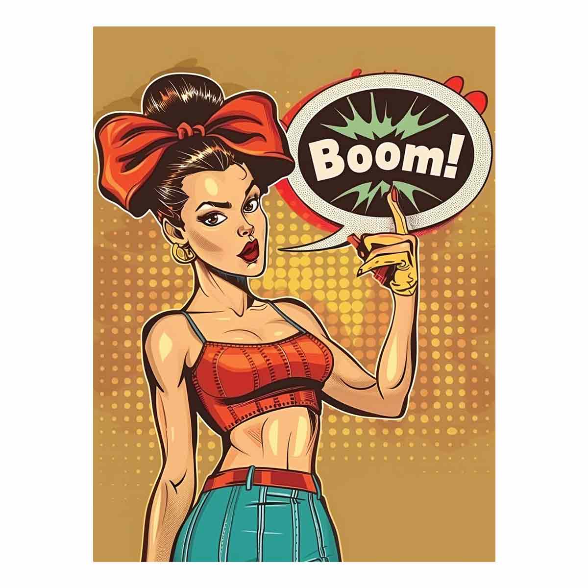 Retro comic woman with bow and speech bubble on pop art canvas for game room decor.