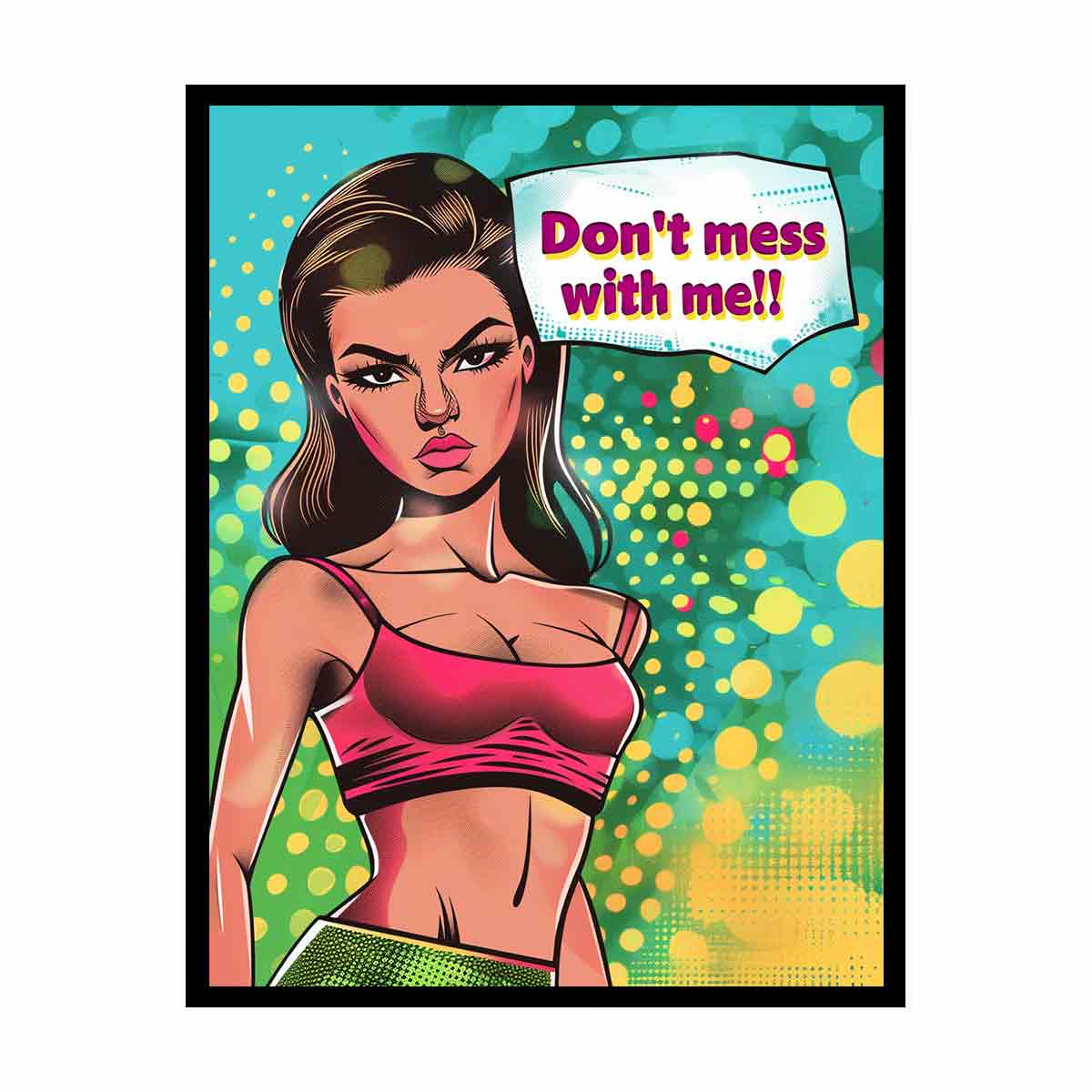 Fierce comic pop art girl with speech bubble and teal background for teen bedroom wall art.