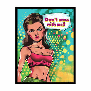 Fierce comic pop art girl with speech bubble and teal background for teen bedroom wall art.