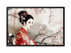 Asian woman in red kimono with cherry blossoms for elegant bedroom wall decor.