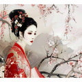 Asian woman in red kimono with cherry blossoms for elegant bedroom wall decor.
