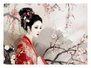 Asian woman in red kimono with cherry blossoms for elegant bedroom wall decor.