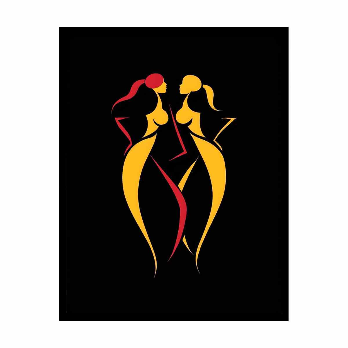 Abstract red and yellow women figures canvas art on black background for modern bedroom decor.