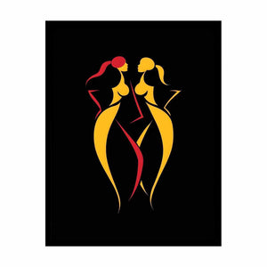 Abstract red and yellow women figures canvas art on black background for modern bedroom decor.