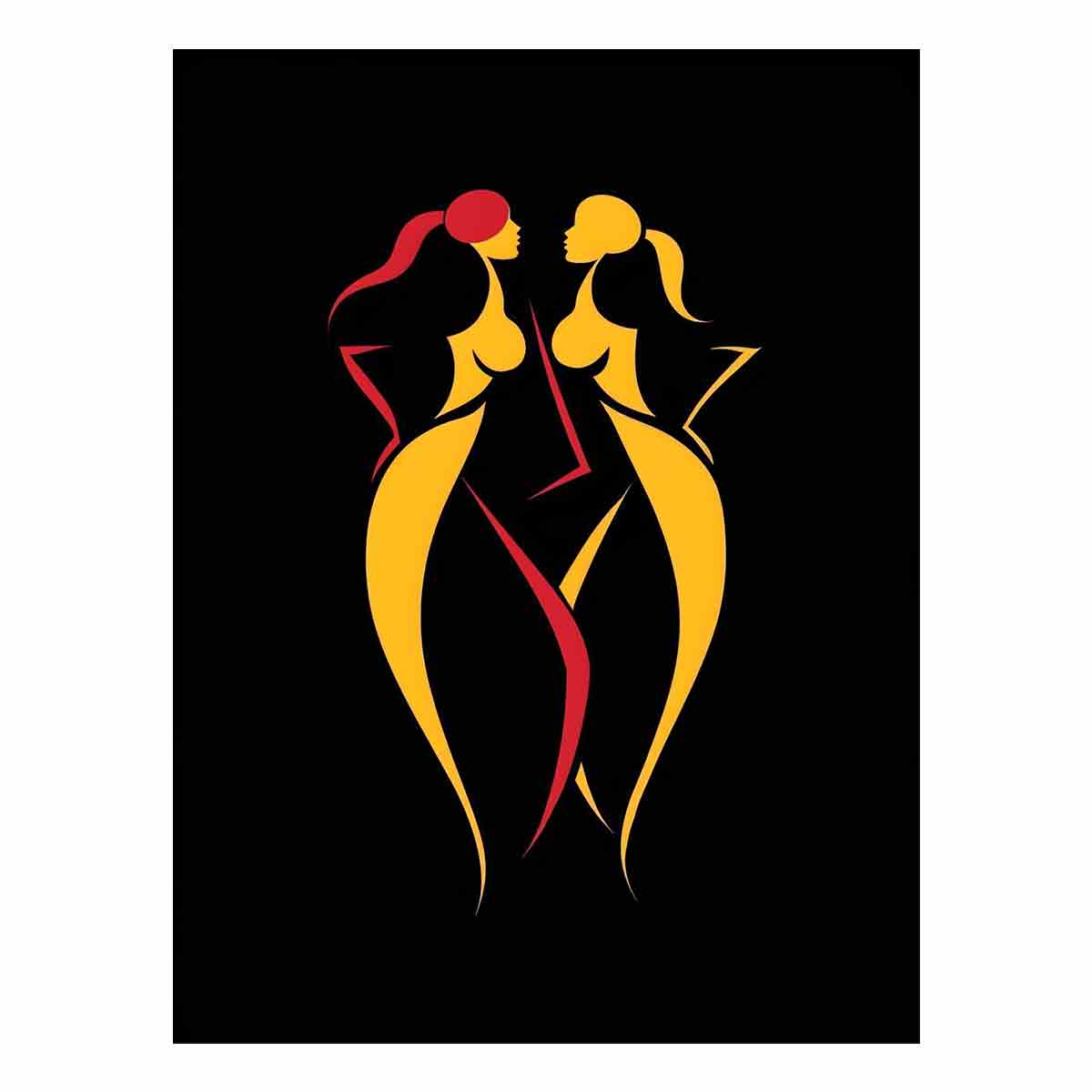 Abstract red and yellow women figures canvas art on black background for modern bedroom decor.