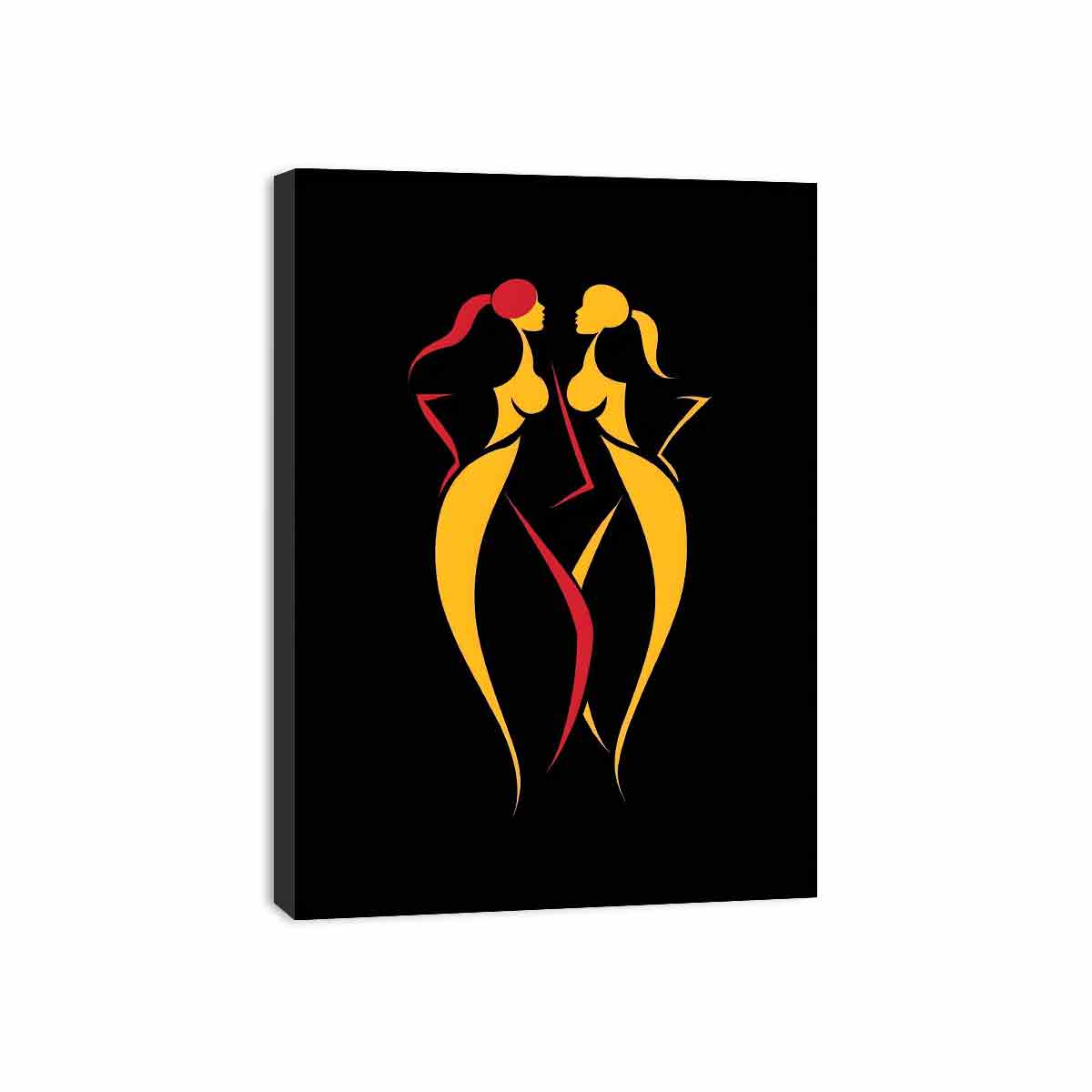 Abstract red and yellow women figures canvas art on black background for modern bedroom decor.
