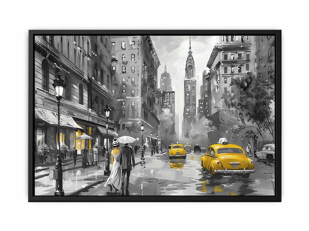 Rainy New York taxi canvas art with couple and umbrella for elegant living room decor.