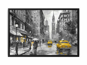 Rainy New York taxi canvas art with couple and umbrella for elegant living room decor.