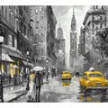 Rainy New York taxi canvas art with couple and umbrella for elegant living room decor.